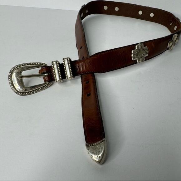 Fossil western equestrian Style Brown Leather Belt Silver small 1” Wide - Picture 2 of 6